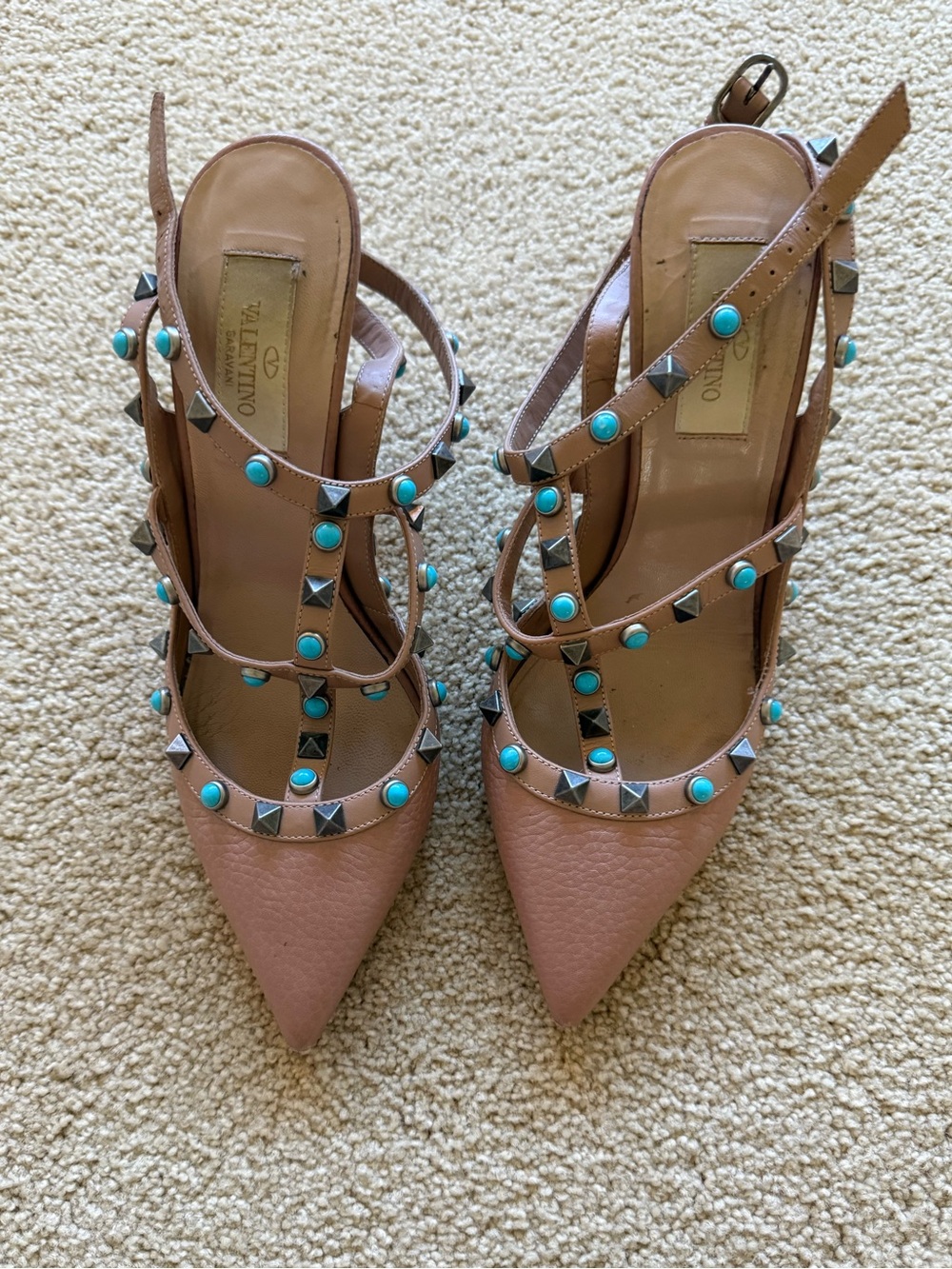 Valentino Beige Leather Slingback Heels with Turquoise Studs